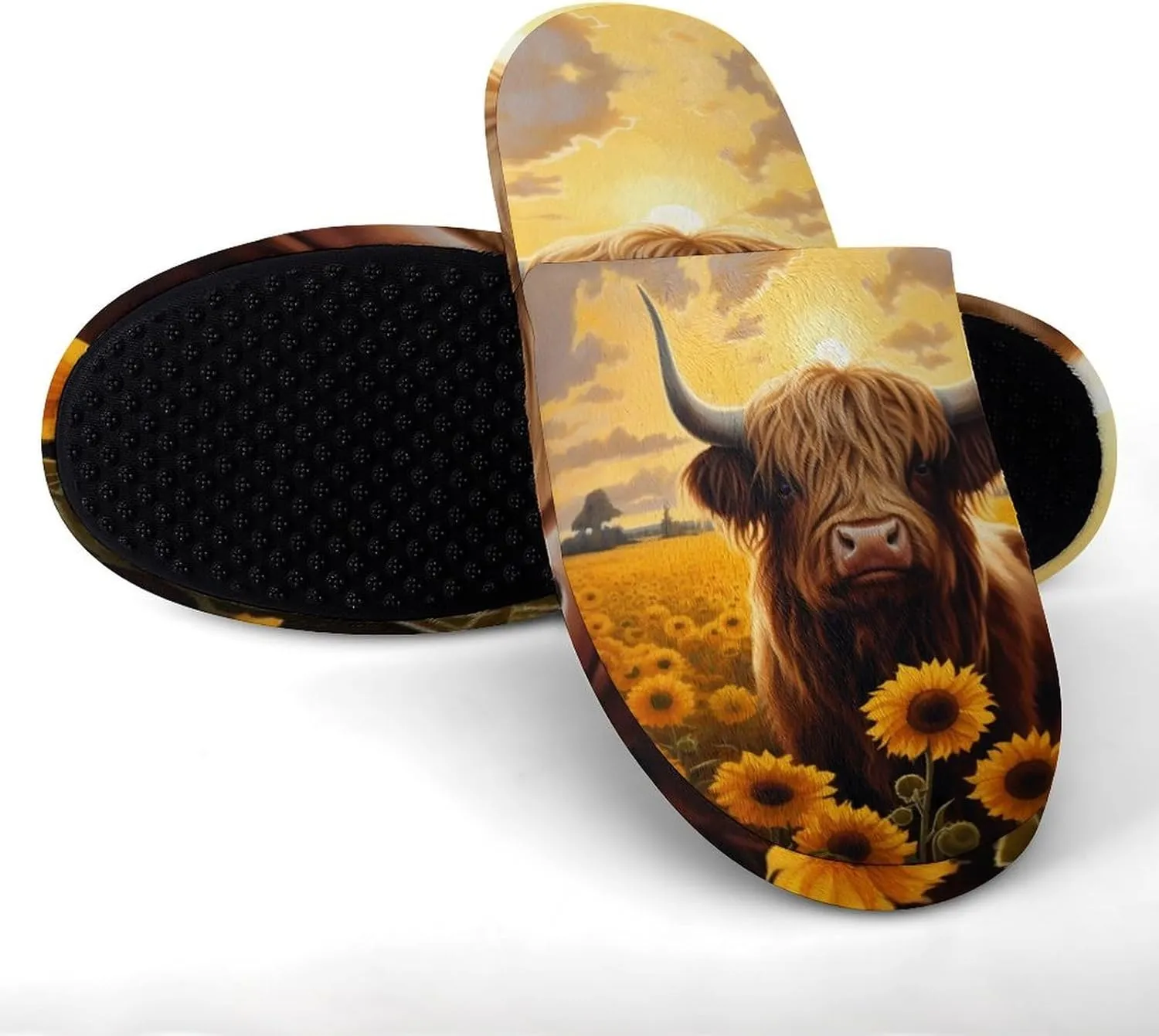 Sunflower Highland Cow Men's Cotton Slippers House Shoes Soft Bedroom Slippers Non-Slip Sole Shoes
