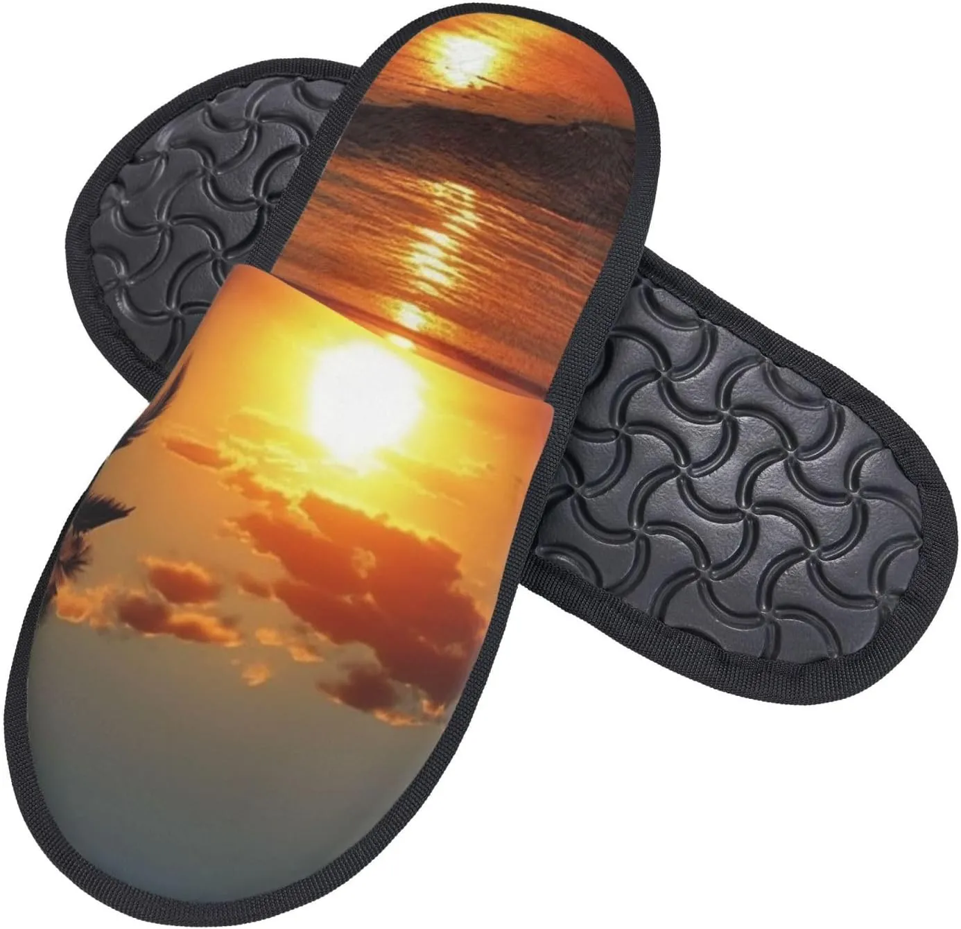 Sunset Sea Tropical Palm Tree Scenery Women's Fuzzy Slippers Slip-on Slipper Soft Comfy Bedroom Slippers Non-slip House Shoes