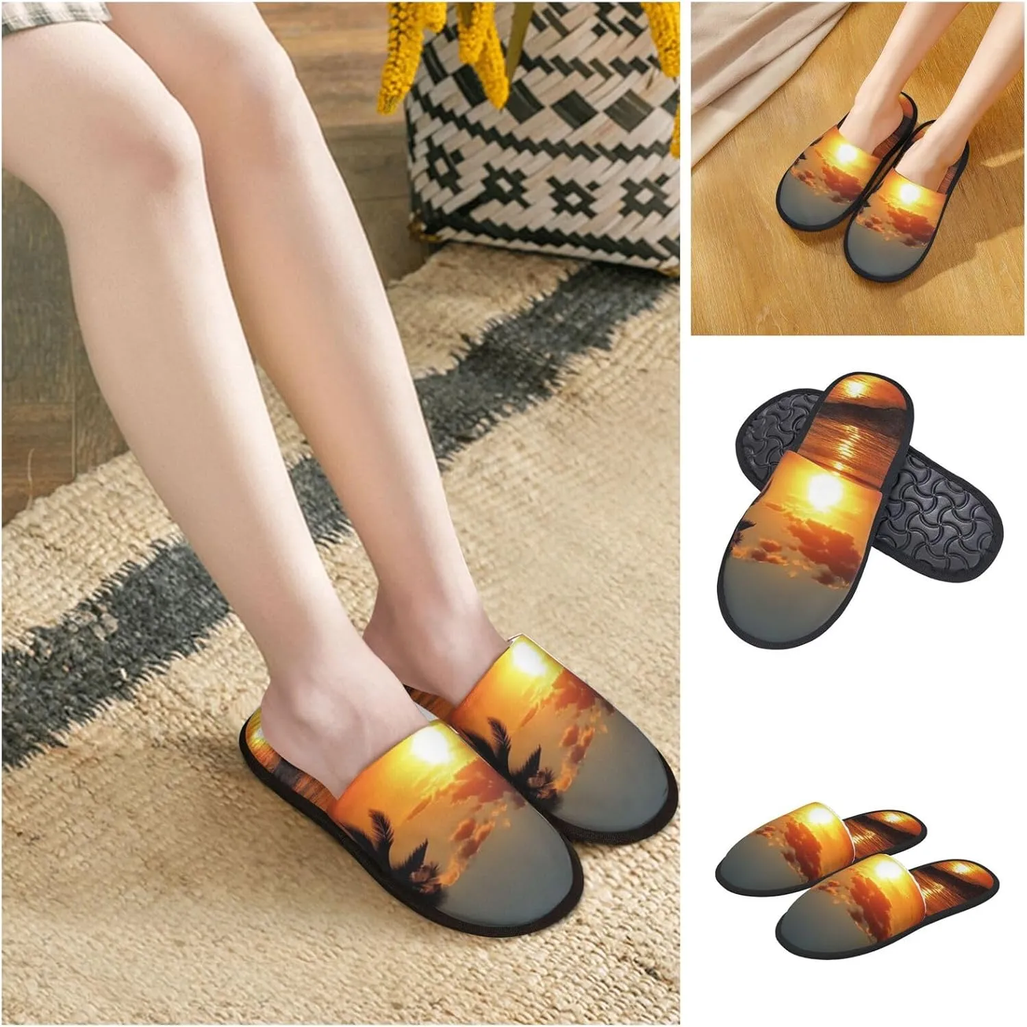 Sunset Sea Tropical Palm Tree Scenery Women's Fuzzy Slippers Slip-on Slipper Soft Comfy Bedroom Slippers Non-slip House Shoes