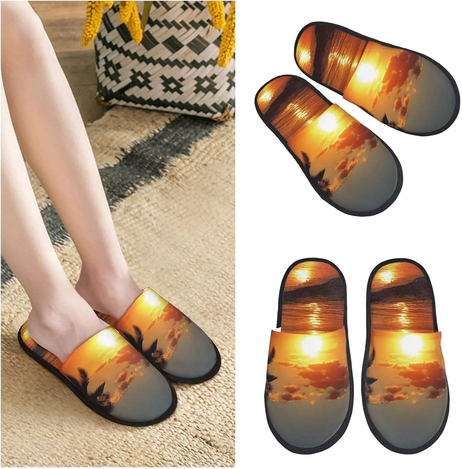 Sunset Sea Tropical Palm Tree Scenery Women's Fuzzy Slippers Slip-on Slipper Soft Comfy Bedroom Slippers Non-slip House Shoes