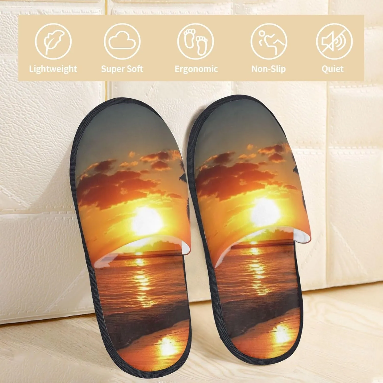 Sunset Sea Tropical Palm Tree Scenery Women's Fuzzy Slippers Slip-on Slipper Soft Comfy Bedroom Slippers Non-slip House Shoes