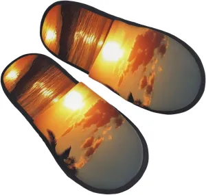 Sunset Sea Tropical Palm Tree Scenery Women's Fuzzy Slippers Slip-on Slipper Soft Comfy Bedroom Slippers Non-slip House Shoes
