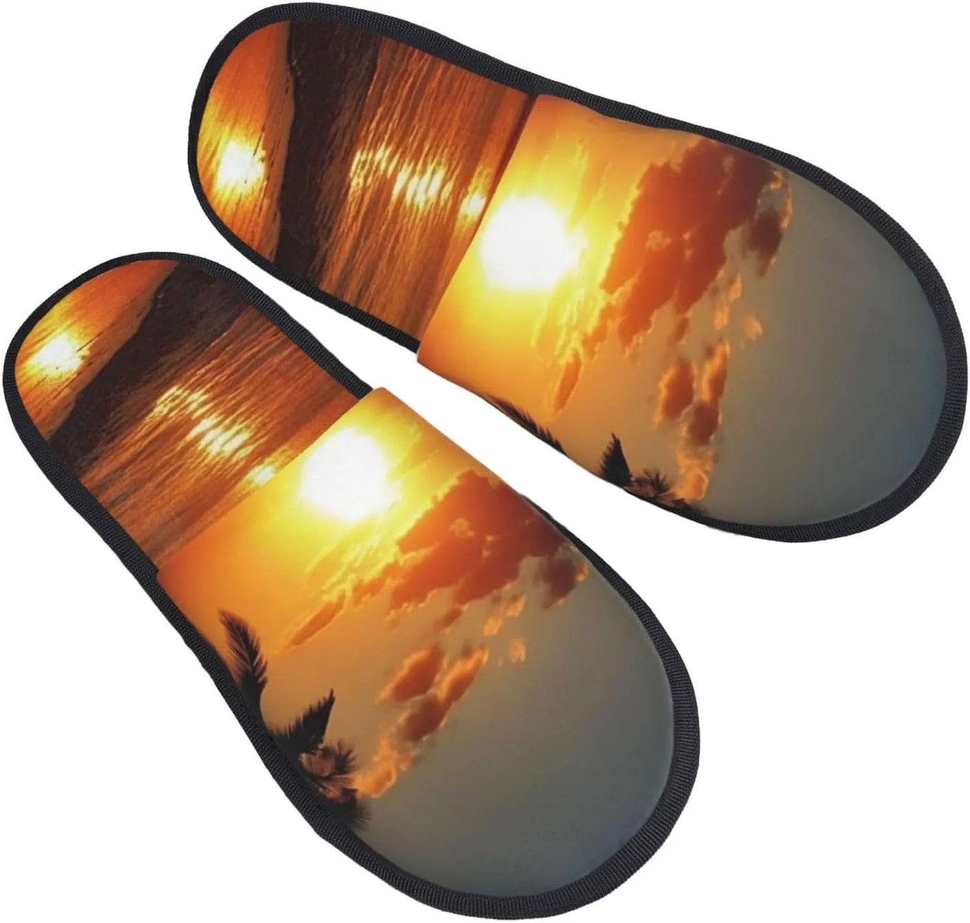 Sunset Sea Tropical Palm Tree Scenery Women's Fuzzy Slippers Slip-on Slipper Soft Comfy Bedroom Slippers Non-slip House Shoes