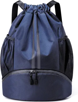 Swim Bag Drawstring Backpack with Wet Pocket Shoe Warehouse String Bag Sackpack for Beach Swimming Pool Gym Sports (Navy)