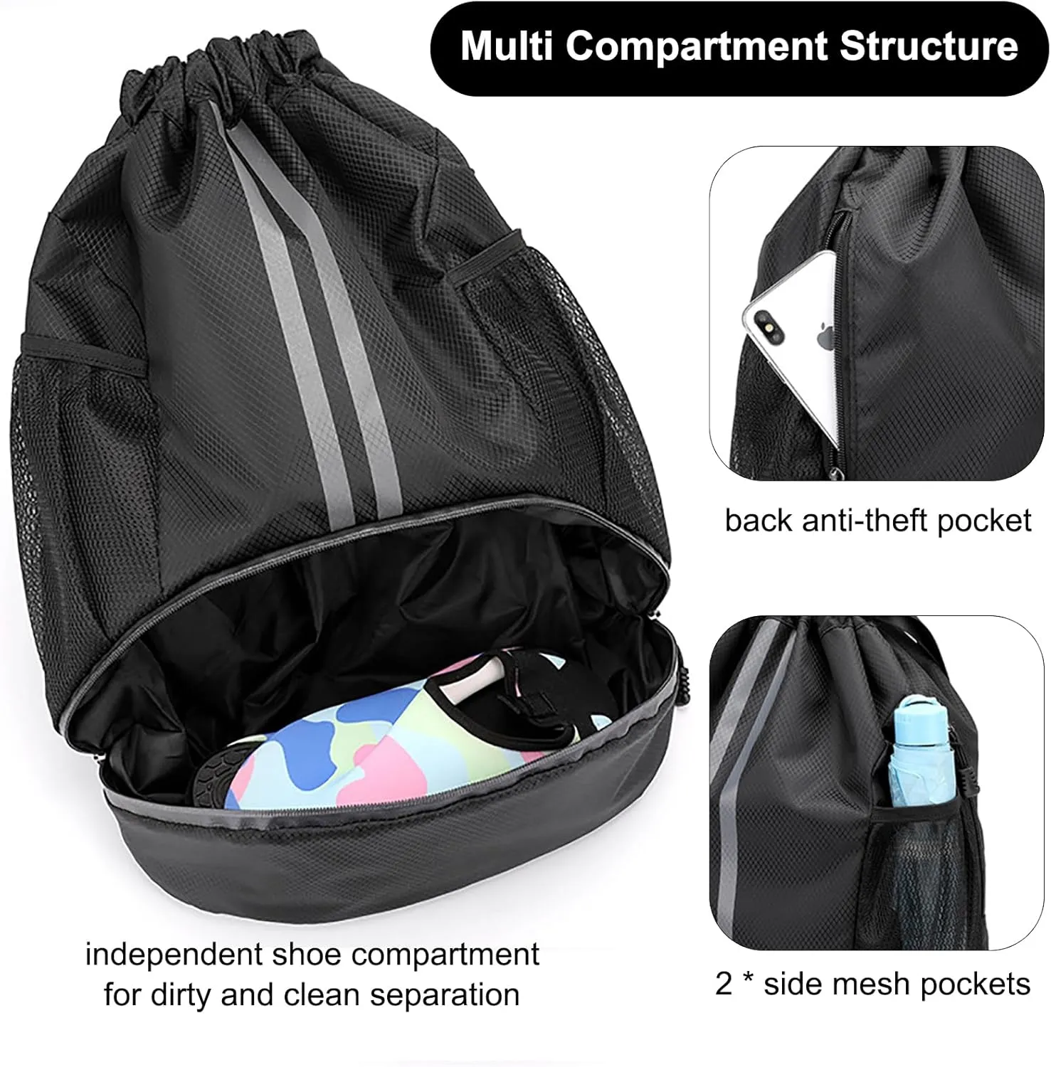 Swim Bag Drawstring Backpack with Wet Pocket Shoe Warehouse String Bag Sackpack for Beach Swimming Pool Gym Sports (Navy)