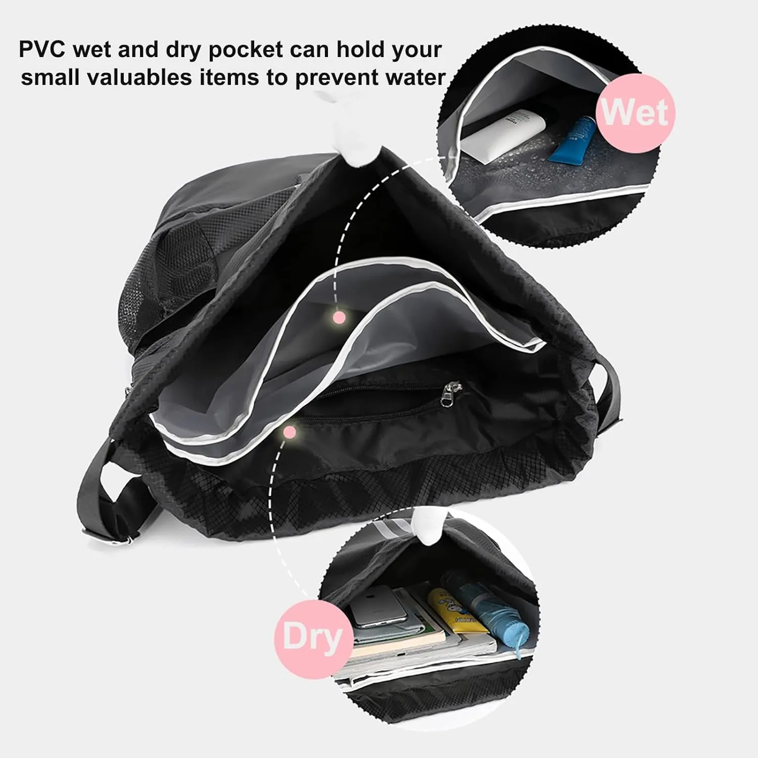 Swim Bag Drawstring Backpack with Wet Pocket Shoe Warehouse String Bag Sackpack for Beach Swimming Pool Gym Sports (Navy)
