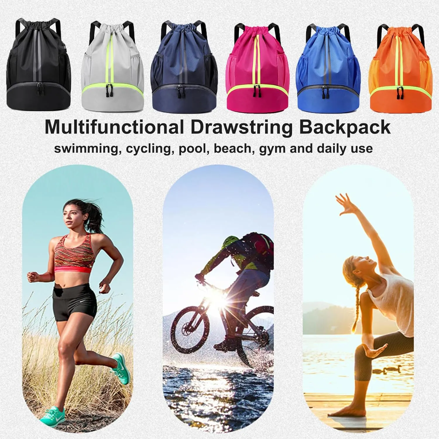 Swim Bag Drawstring Backpack with Wet Pocket Shoe Warehouse String Bag Sackpack for Beach Swimming Pool Gym Sports (Navy)