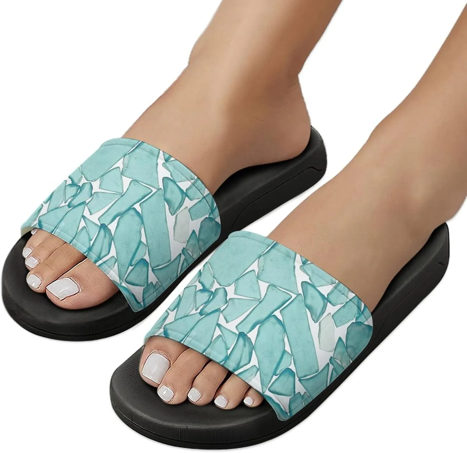 Teal Sea Glass Nautical Print House Slippers for Women Men Shower Slides Bathroom Sandals