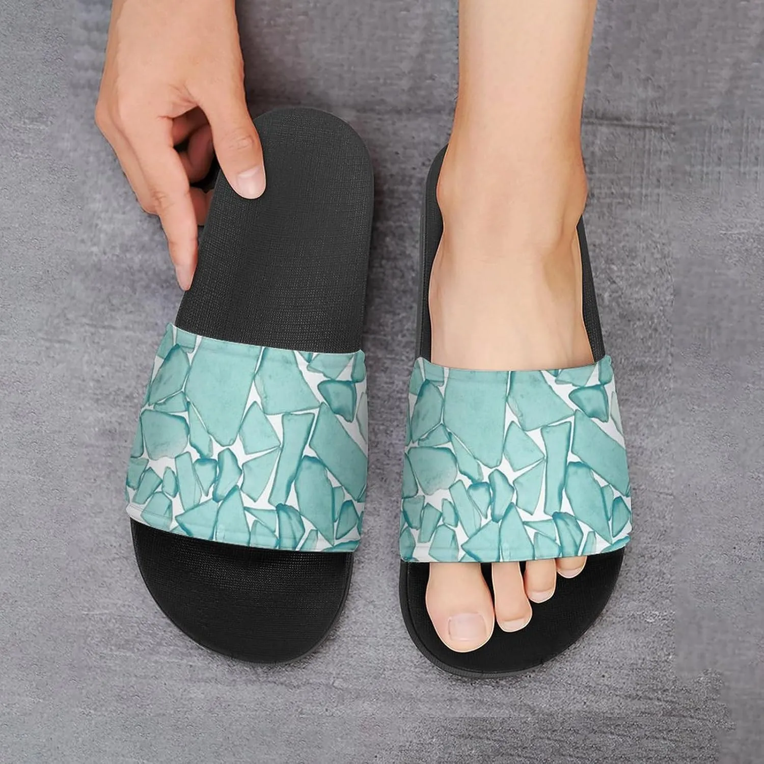 Teal Sea Glass Nautical Print House Slippers for Women Men Shower Slides Bathroom Sandals