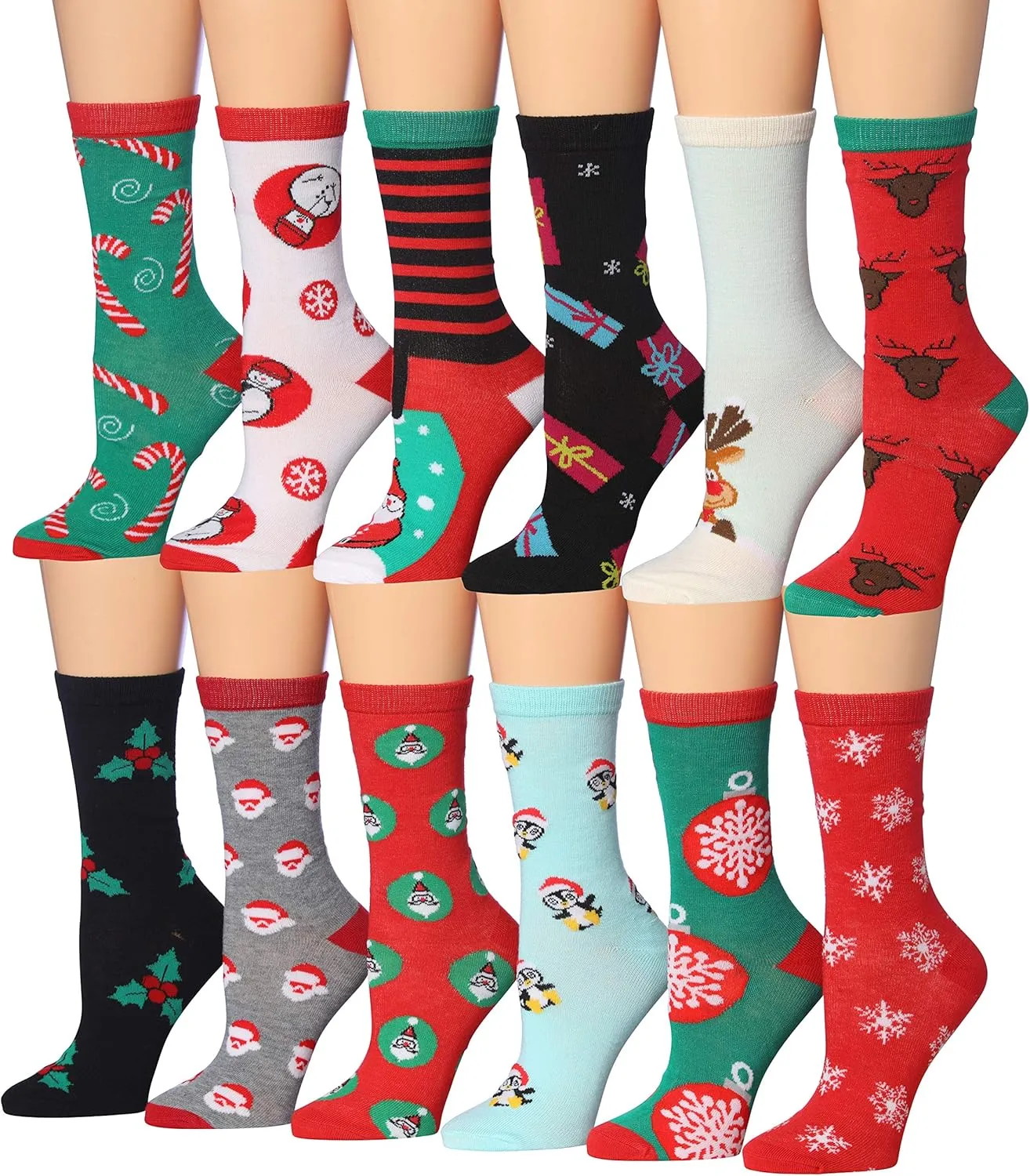 Tipi Toe Women's 12 Pairs Lightweight Colorful Patterned Crew Socks