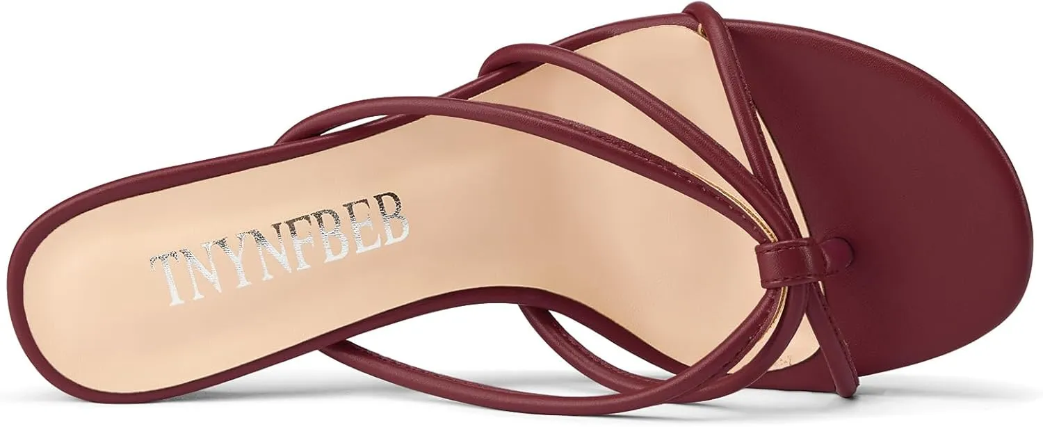 TNYNFBEB Women's Round Toe Flip Flop Strappy Mule Heels Slip-on Kitten Heel Thong Sandals Summer Dress Shoes 2.6 Inches