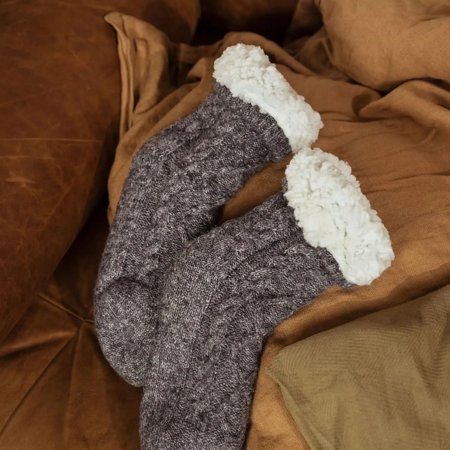 Tough Land Slipper Socks for Women with Grippers Non Slip, Sherpa Lined Slipper Socks