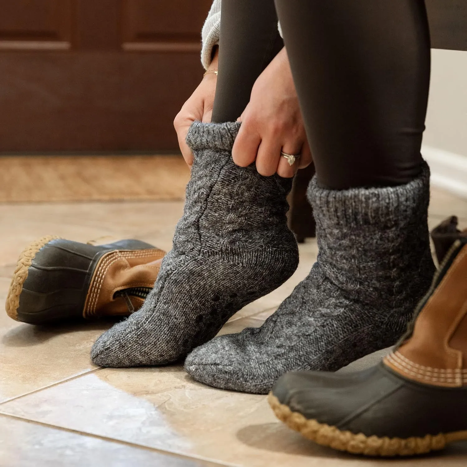 Tough Land Slipper Socks for Women with Grippers Non Slip, Sherpa Lined Slipper Socks