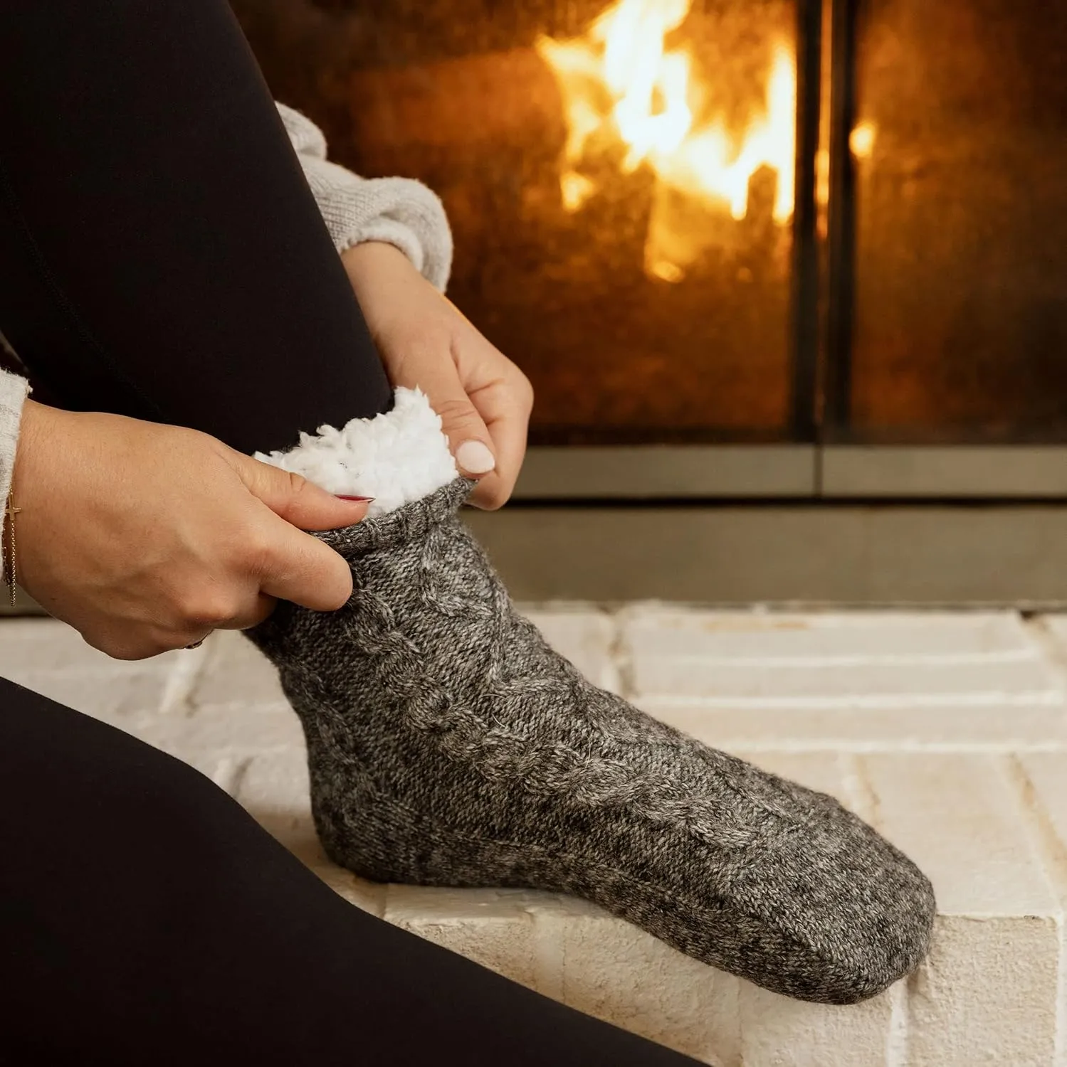 Tough Land Slipper Socks for Women with Grippers Non Slip, Sherpa Lined Slipper Socks