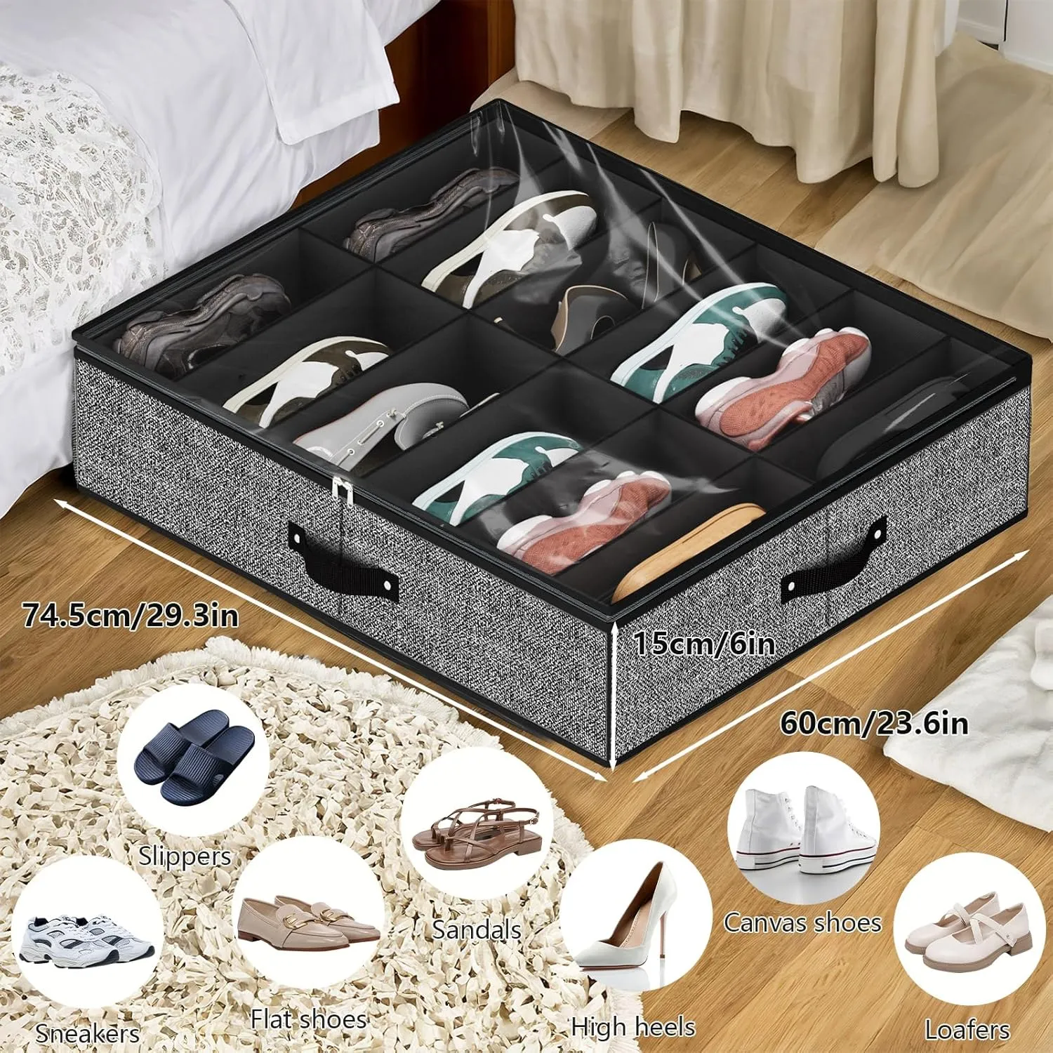 Under Bed Shoe Storage Organizer for Closet Fits 24 Pairs-Sturdy Underbed Shoe Storage Box Bins,Set of 2 (Linen-like Black)