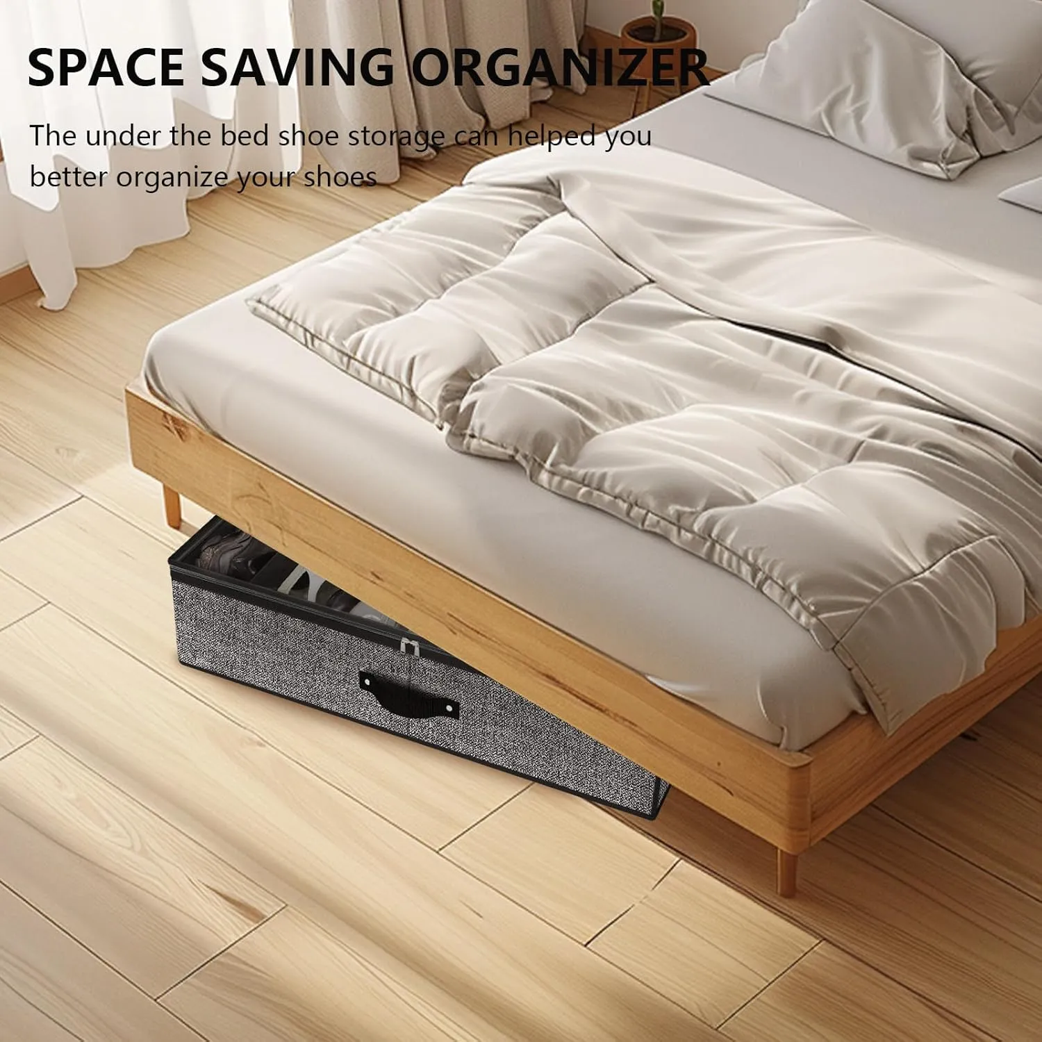 Under Bed Shoe Storage Organizer for Closet Fits 24 Pairs-Sturdy Underbed Shoe Storage Box Bins,Set of 2 (Linen-like Black)