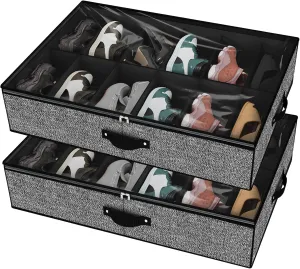 Under Bed Shoe Storage Organizer for Closet Fits 24 Pairs-Sturdy Underbed Shoe Storage Box Bins,Set of 2 (Linen-like Black)