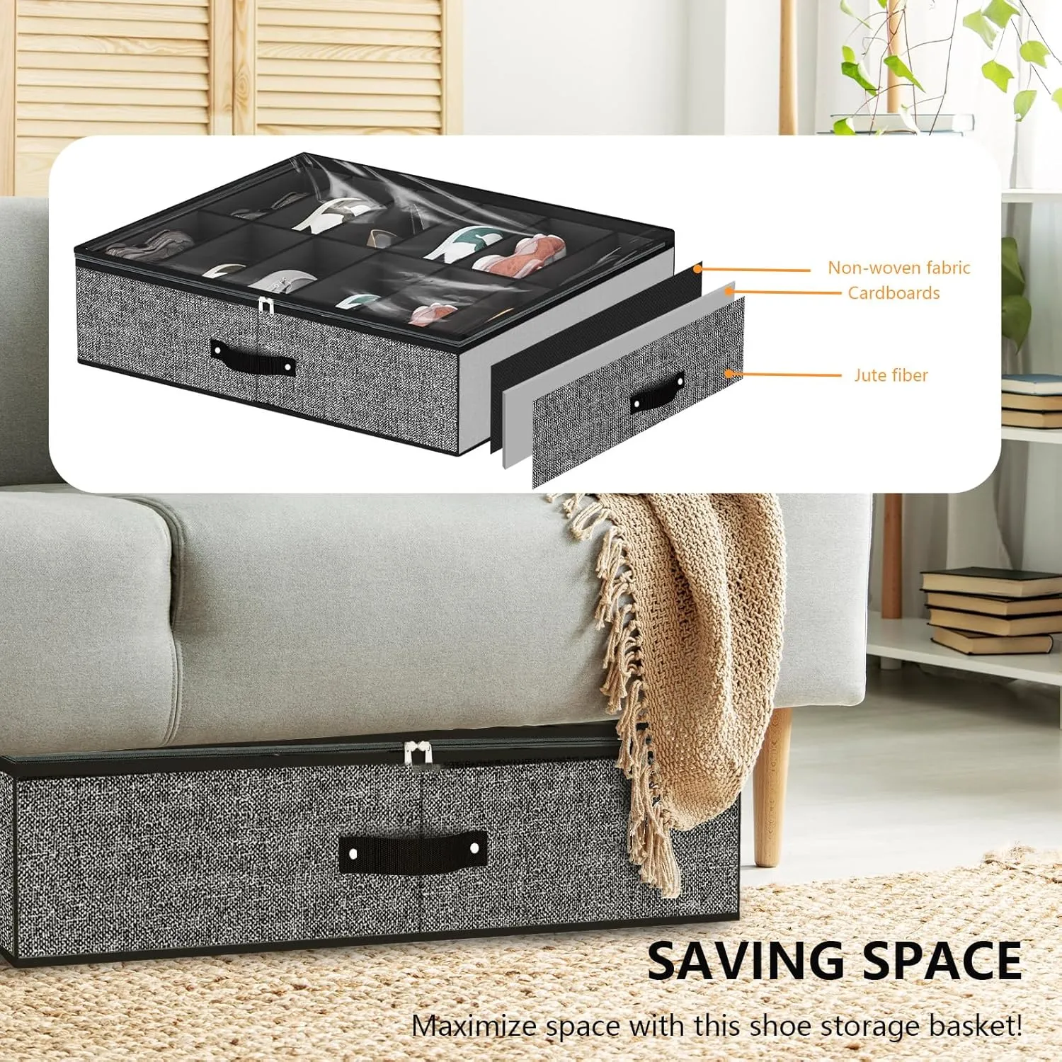 Under Bed Shoe Storage Organizer for Closet Fits 24 Pairs-Sturdy Underbed Shoe Storage Box Bins,Set of 2 (Linen-like Black)