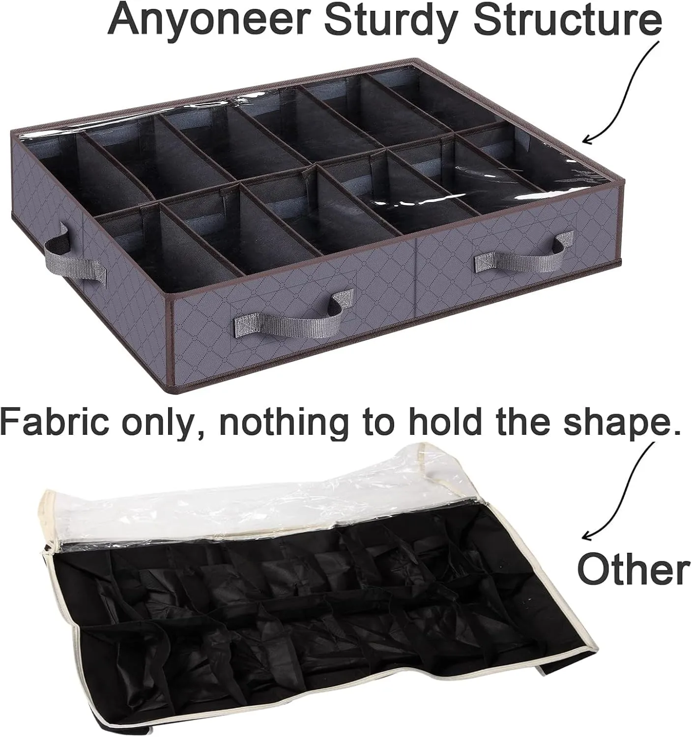 Under Bed Shoe Storage Organizer, Set of 2, Sturdy Structure, Adjustable Dividers, Reinforced Handle, Sturdy Zipper, Underbed Storage Solution with Clear Window, Breathable, Gray