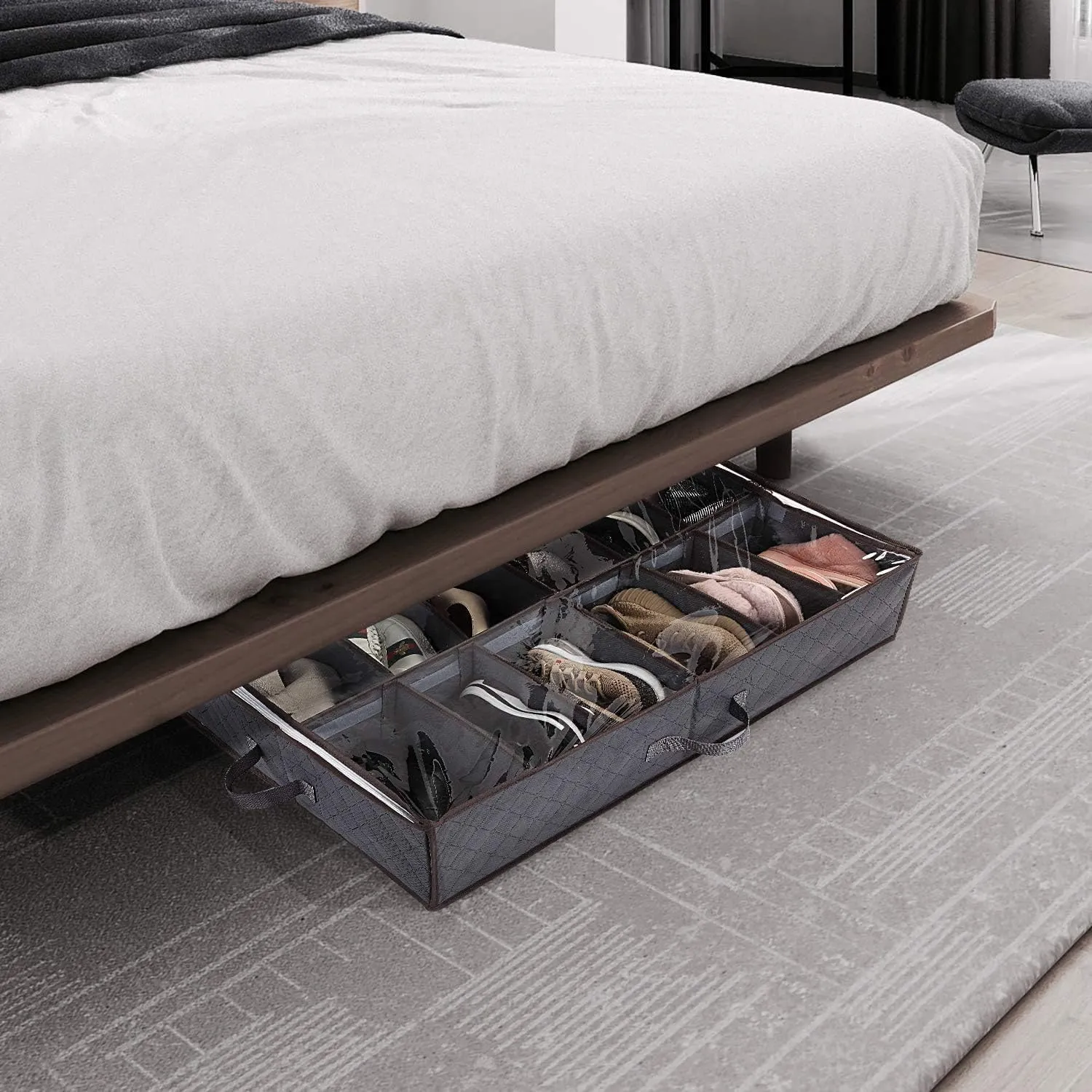 Under Bed Shoe Storage Organizer, Set of 2, Sturdy Structure, Adjustable Dividers, Reinforced Handle, Sturdy Zipper, Underbed Storage Solution with Clear Window, Breathable, Gray