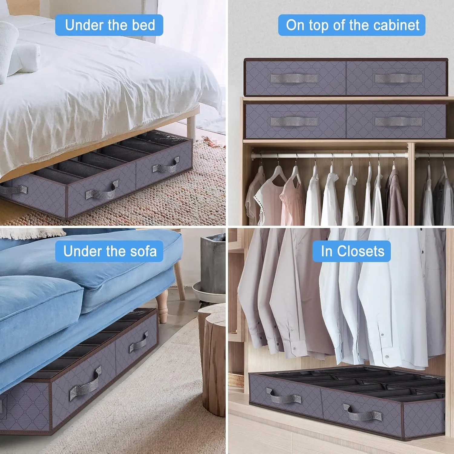 Under Bed Shoe Storage Organizer, Set of 2, Sturdy Structure, Adjustable Dividers, Reinforced Handle, Sturdy Zipper, Underbed Storage Solution with Clear Window, Breathable, Gray