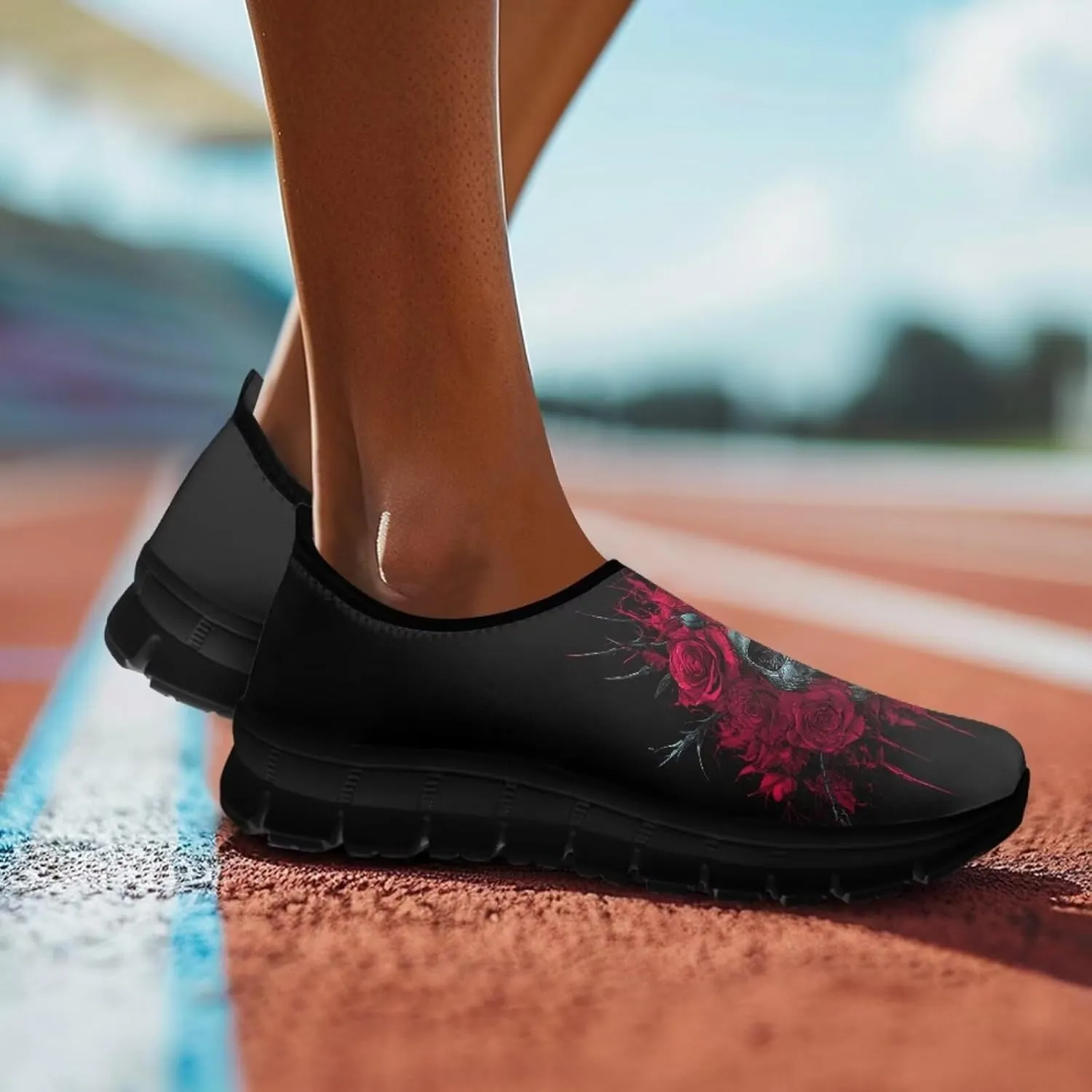 UNICEU Skull Print Slip On Shoes for Women Casual Breathable Low Top Sneakers Non-Slip Lightweight Walking Footwear