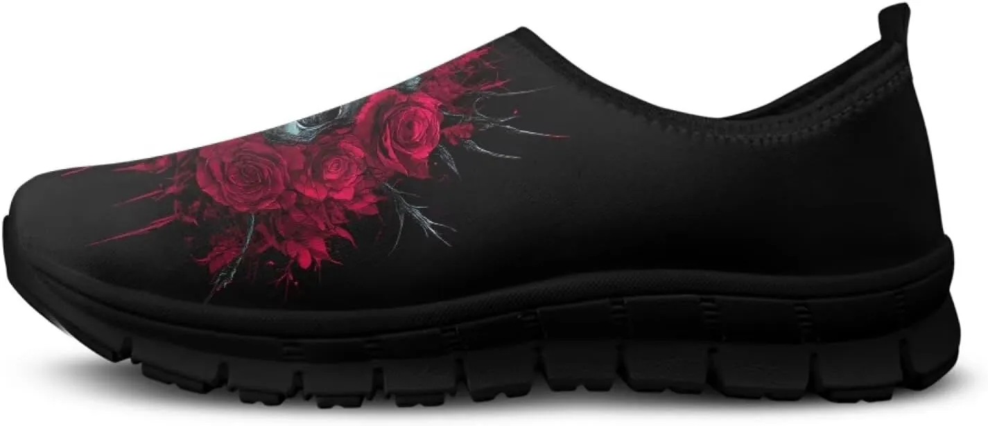 UNICEU Skull Print Slip On Shoes for Women Casual Breathable Low Top Sneakers Non-Slip Lightweight Walking Footwear