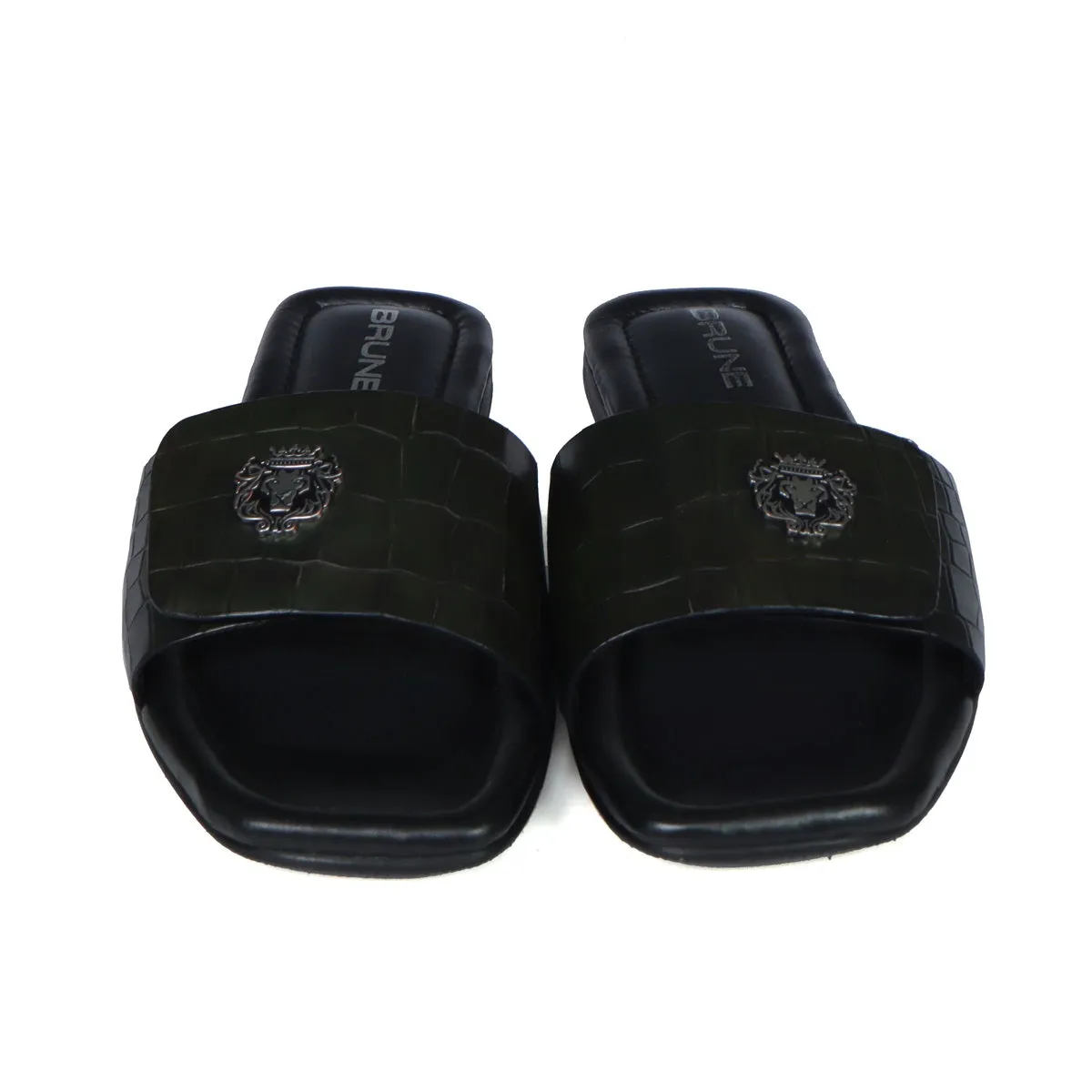 Velcro Adjustable Strap Slide In Slipper Croco Deep Cut Textured Dark Green Leather