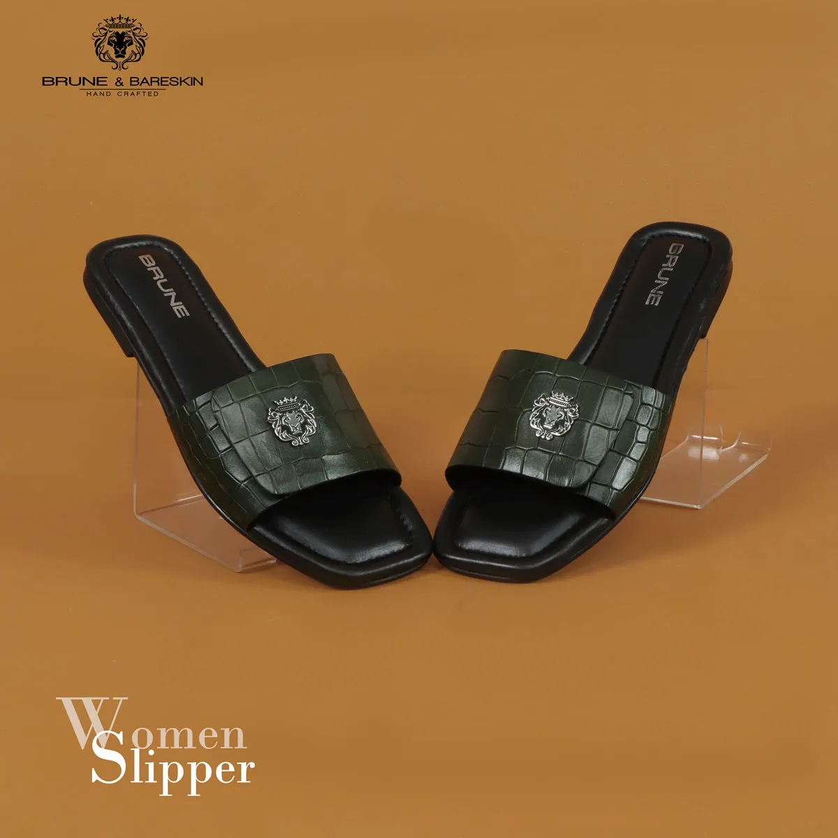 Velcro Adjustable Strap Slide In Slipper Croco Deep Cut Textured Dark Green Leather