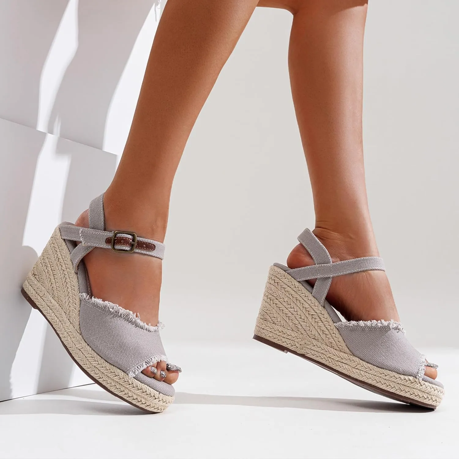 Vepose Women's 880 Wedge Sandals Peep Toe, 3.3" Inch High Heel Platform Espadrilles Sandals with Ankle Buckle