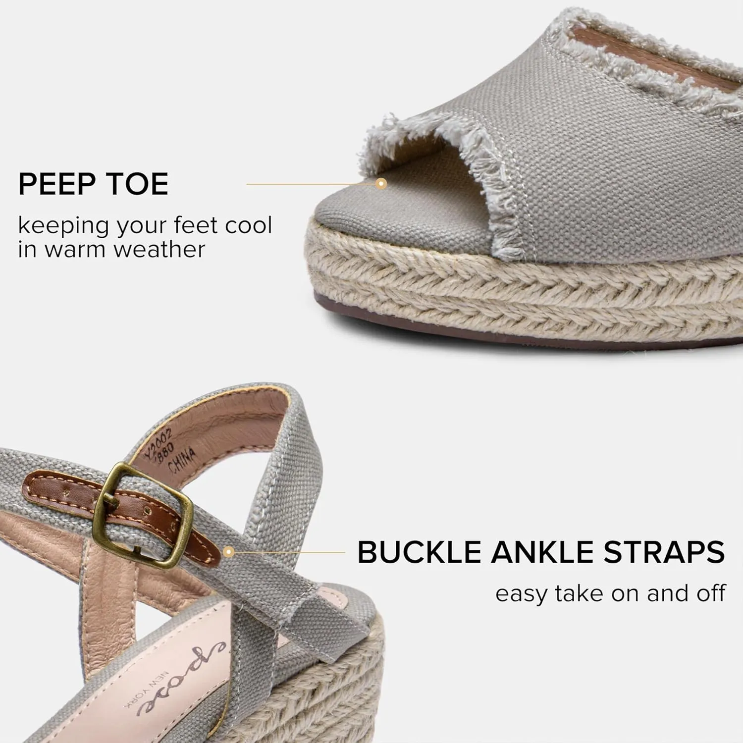 Vepose Women's 880 Wedge Sandals Peep Toe, 3.3" Inch High Heel Platform Espadrilles Sandals with Ankle Buckle