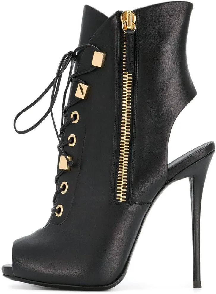 VERISSON Women's Peep Toe Studded Lace up Stiletto Ankle High Sandal Boots Open-back side Zipper High Heels Nubuck Summer Sandal Booties for Evening Party