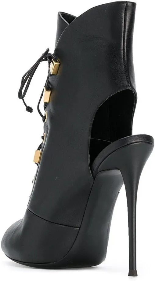 VERISSON Women's Peep Toe Studded Lace up Stiletto Ankle High Sandal Boots Open-back side Zipper High Heels Nubuck Summer Sandal Booties for Evening Party