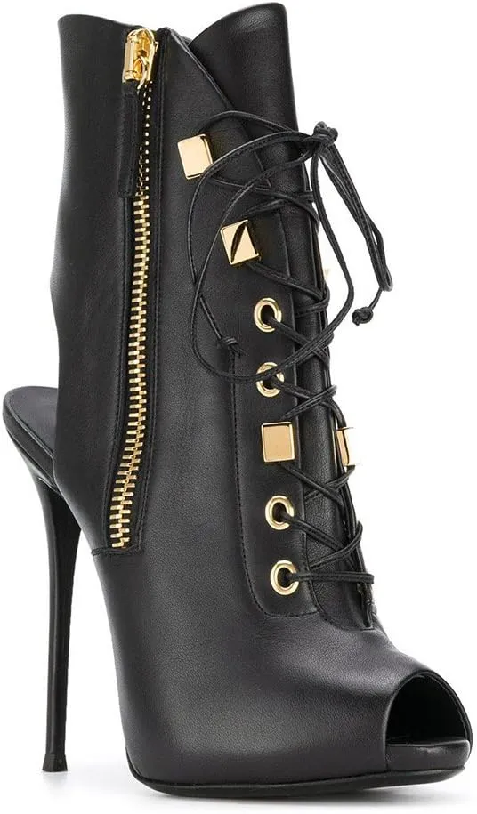 VERISSON Women's Peep Toe Studded Lace up Stiletto Ankle High Sandal Boots Open-back side Zipper High Heels Nubuck Summer Sandal Booties for Evening Party