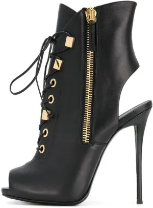 VERISSON Women's Peep Toe Studded Lace up Stiletto Ankle High Sandal Boots Open-back side Zipper High Heels Nubuck Summer Sandal Booties for Evening Party