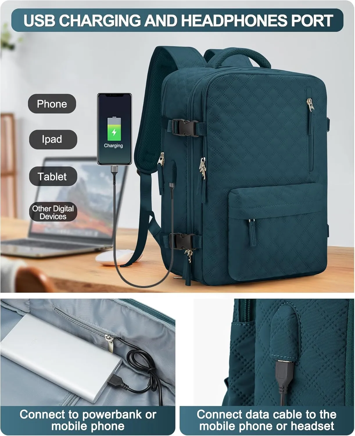 VGCUB Large Travel Backpack for Women Men, Carry on Backpack Airline Approved Gym Backpack Waterproof Business Laptop Daypack,Peacock blue