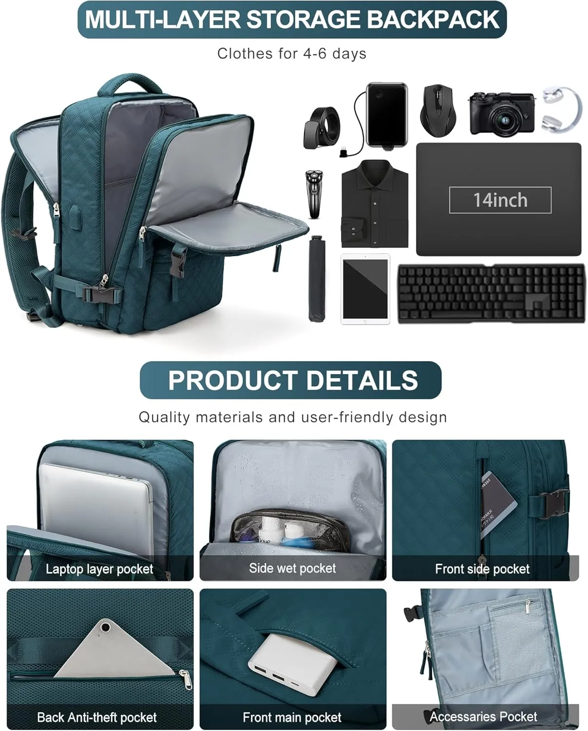 VGCUB Large Travel Backpack for Women Men, Carry on Backpack Airline Approved Gym Backpack Waterproof Business Laptop Daypack,Peacock blue