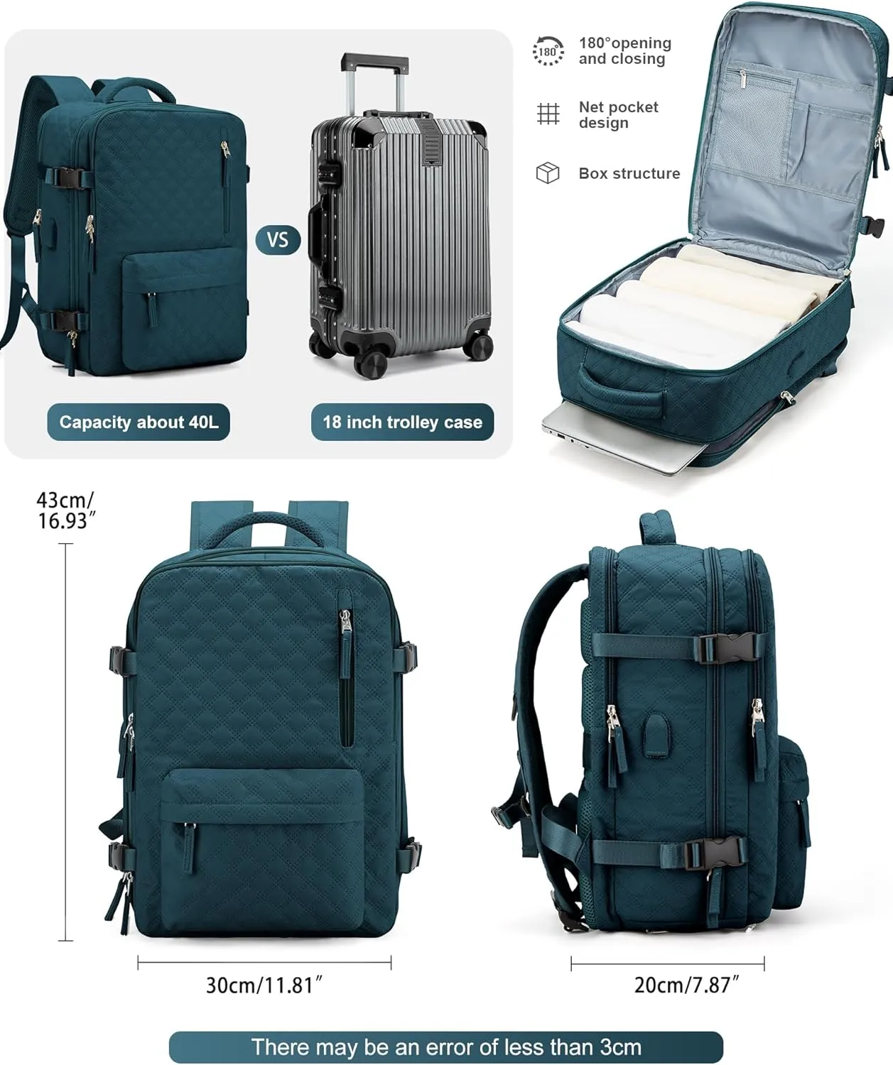 VGCUB Large Travel Backpack for Women Men, Carry on Backpack Airline Approved Gym Backpack Waterproof Business Laptop Daypack,Peacock blue