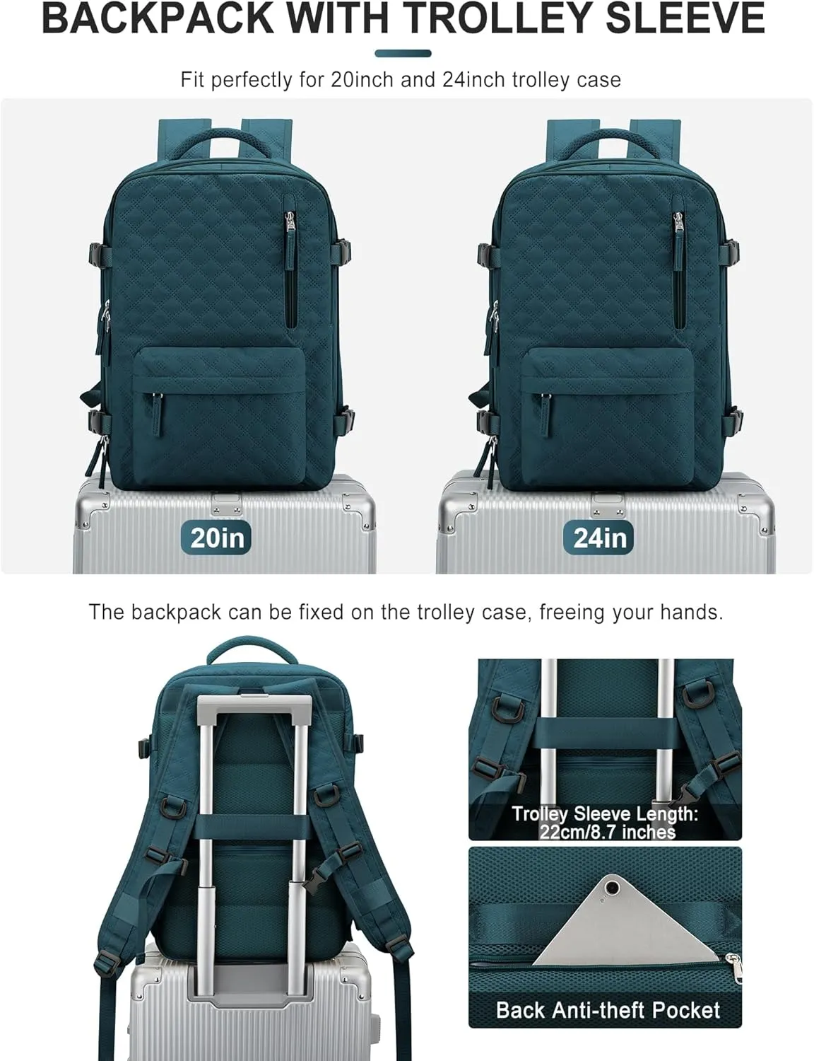 VGCUB Large Travel Backpack for Women Men, Carry on Backpack Airline Approved Gym Backpack Waterproof Business Laptop Daypack,Peacock blue