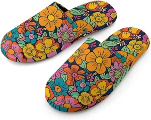 Vintage Colorful Floral Flannel Cotton Slippers Anti-Skid Indoor Outdoor Slippers Closed Toe Slip-on House Shoes