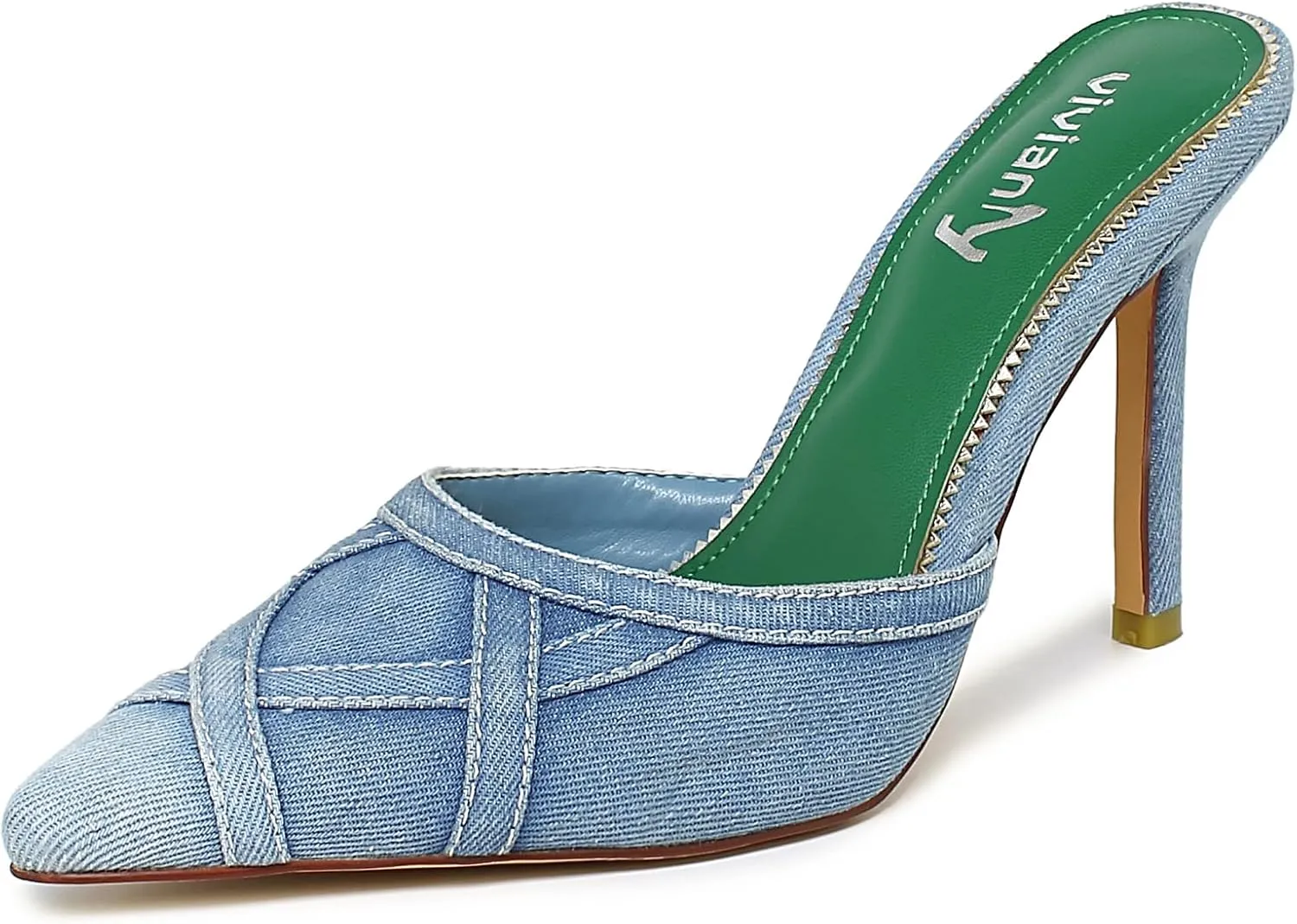 vivianly Womens Denim Stiletto Heels Sandals Pointed Toe Heeled Mule Pumps