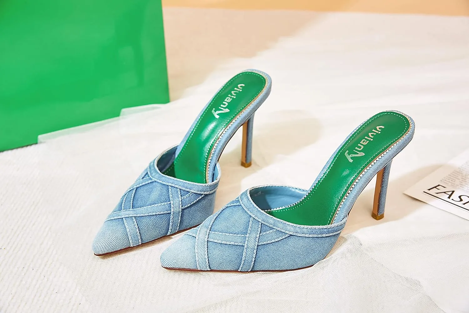 vivianly Womens Denim Stiletto Heels Sandals Pointed Toe Heeled Mule Pumps