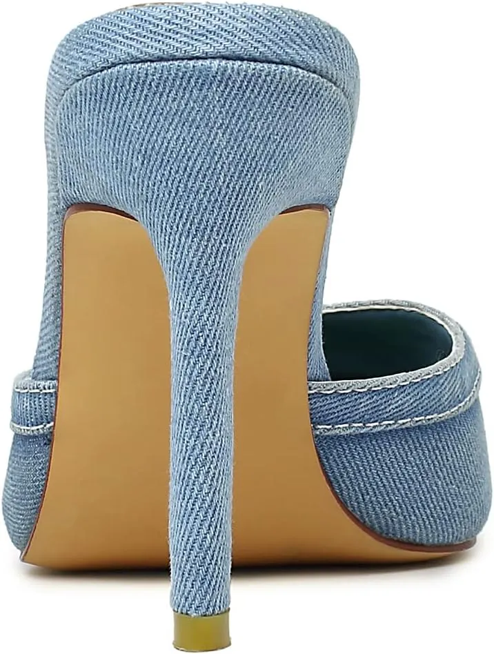 vivianly Womens Denim Stiletto Heels Sandals Pointed Toe Heeled Mule Pumps