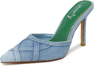 vivianly Womens Denim Stiletto Heels Sandals Pointed Toe Heeled Mule Pumps