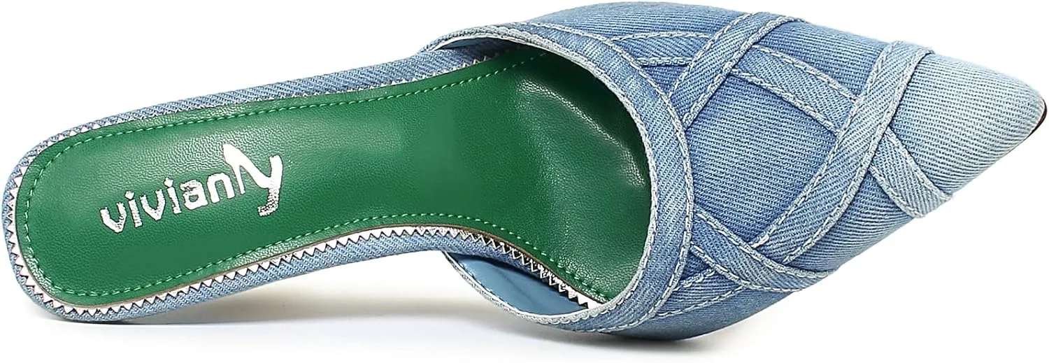 vivianly Womens Denim Stiletto Heels Sandals Pointed Toe Heeled Mule Pumps