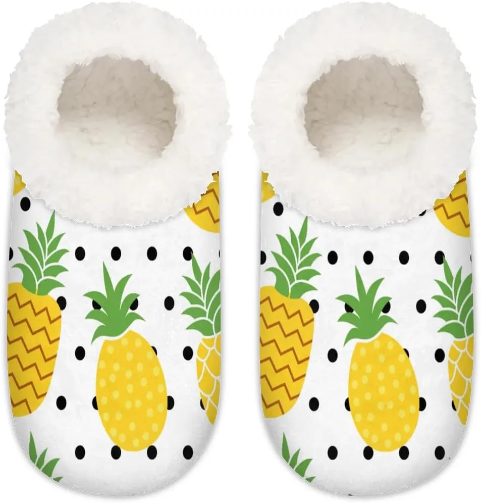 Watercolor Pineapple Polka Dots Slipper for Women and Men Non-Slip Fuzzy Slipper Socks Memory Foam Slippers Winter Warm Home Slippers Fur Lining