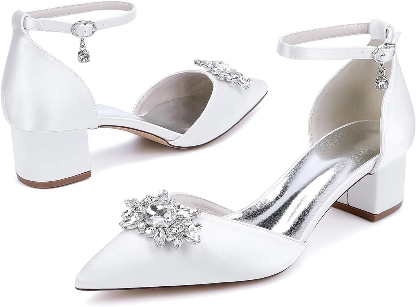 Wedding Shoes for Bride Pointy Toe Ankle Strap Sandals for Women Closed Toe Pump Bridal Shoes Rhinestones Elegant Heels for Dressy Prom Block Heel