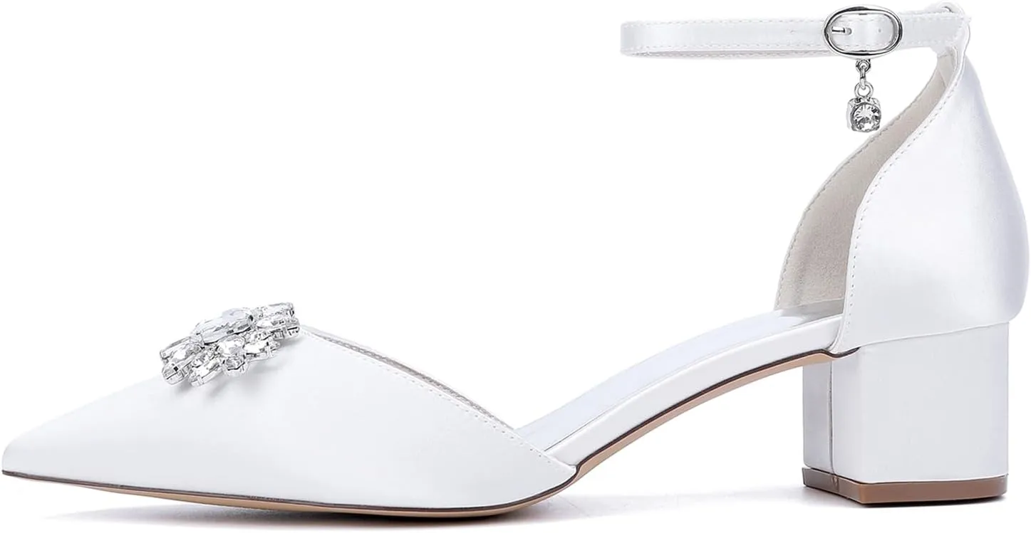 Wedding Shoes for Bride Pointy Toe Ankle Strap Sandals for Women Closed Toe Pump Bridal Shoes Rhinestones Elegant Heels for Dressy Prom Block Heel