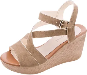 Wedge Sandals for Women Casual Summer Fashion Ankle Strap Open Toe Metal Buckle Platform High Heel Sandals Classic Fish Mouth Suede Roman Shoes