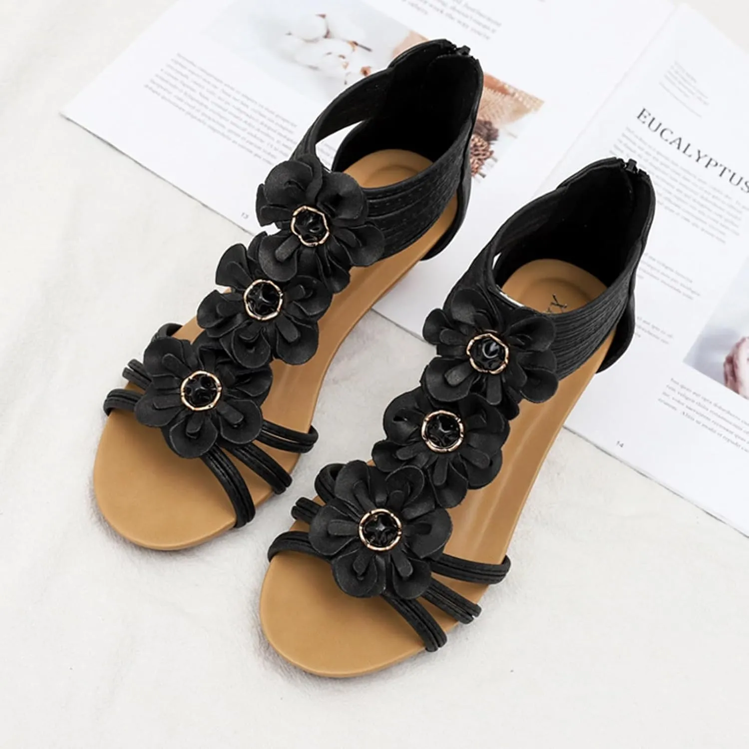 Wedge Sandals for Women Open Toe Casual Summer Roman High Heel, Dressy Flower T-Strap Walking Sandals with Zipper Comfortable Breathable Beach Sandal